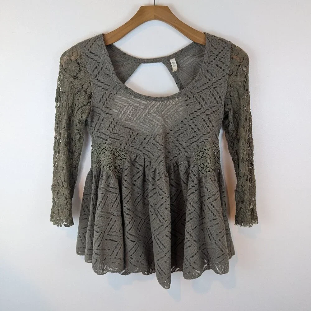 Free People Gracie Brushed Lace Top in Green, Sz S